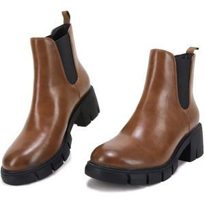 Platform Leather Chelsea Slip on Chunky Block Heel Ankle Booties